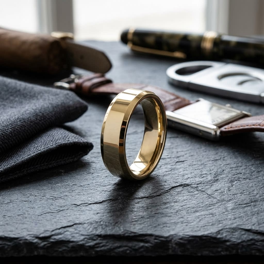 6mm High Polish Carved Wedding Band in 14K Yellow Gold, on walnut surface with pocket square