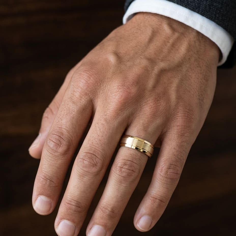 6mm Satin Finish High Polished Beveled Edge Carved Wedding Band in 14K Yellow Gold, worn on hand, masculine close-up