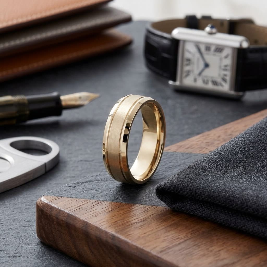 6mm Satin Finish High Polished Beveled Edge Carved Wedding Band in 14K Yellow Gold, on walnut surface with pocket square