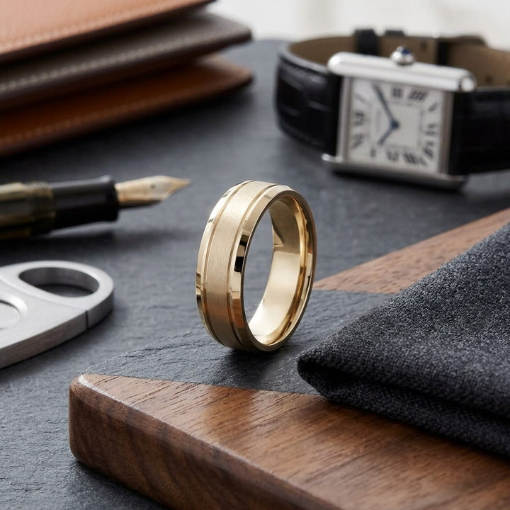 6mm Satin Finish High Polished Beveled Edge Carved Wedding Band in 14K Yellow Gold, on walnut surface with pocket square
