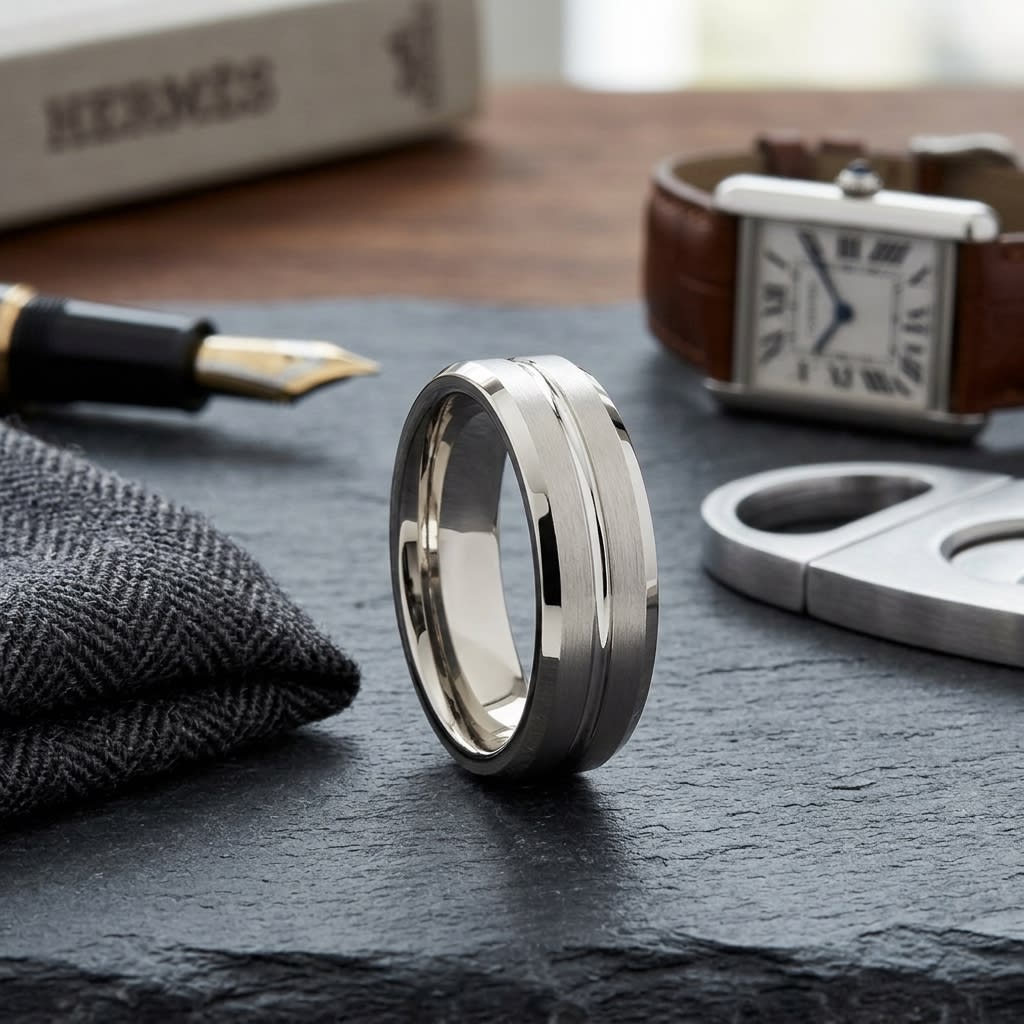 6mm Satin Finish Carved Wedding Band in 14K Yellow Gold, on walnut surface with pocket square