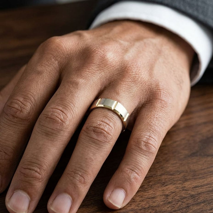 6mm Satin Finish Grooves Carved Wedding Band in 14K Yellow Gold, worn on hand, masculine close-up