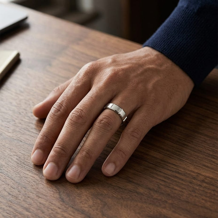 6mm Satin Finish Grooves Carved Wedding Band in 14K Yellow Gold, worn on hand, masculine full view