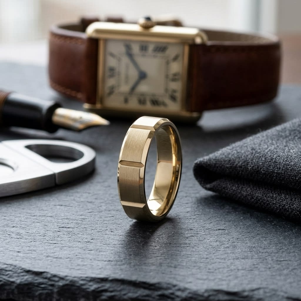 6mm Satin Finish Grooves Carved Wedding Band in 14K Yellow Gold, on walnut surface with pocket square