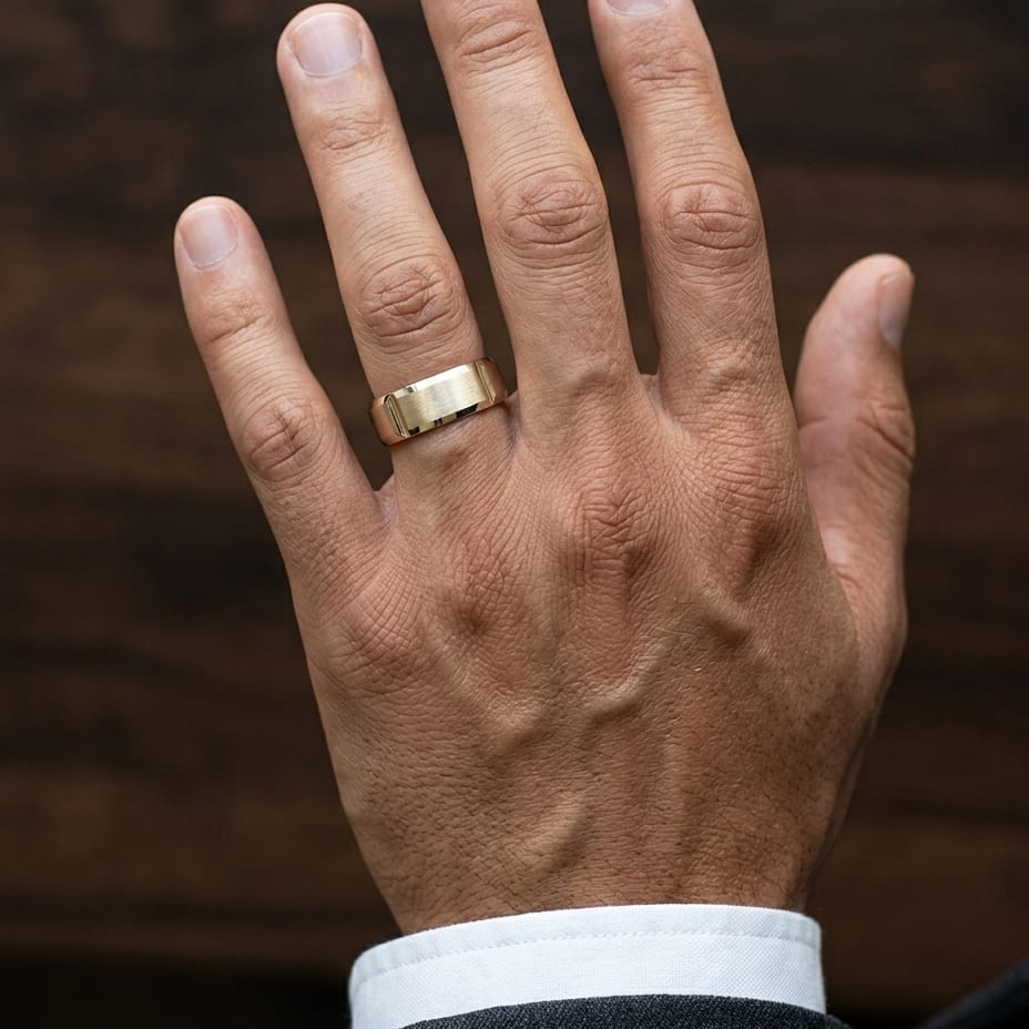 8mm Satin Finish Grooves Carved Wedding Band in 14K Yellow Gold, worn on hand, masculine close-up