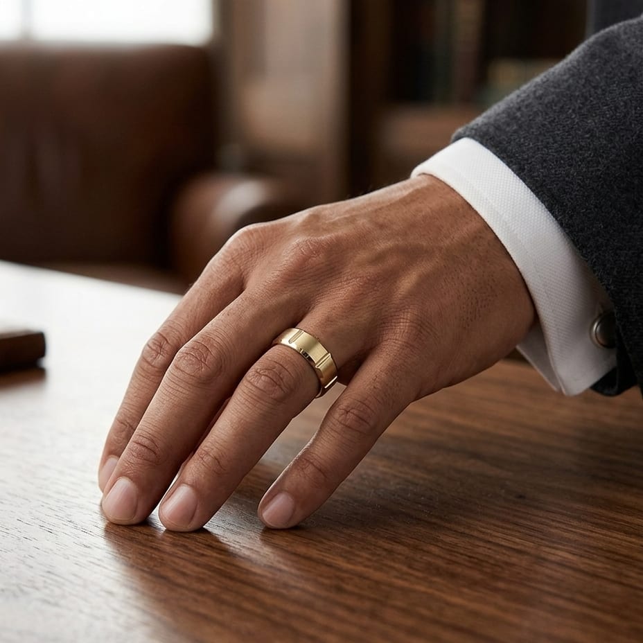 8mm Satin Finish Grooves Carved Wedding Band in 14K Yellow Gold, worn on hand, masculine full view
