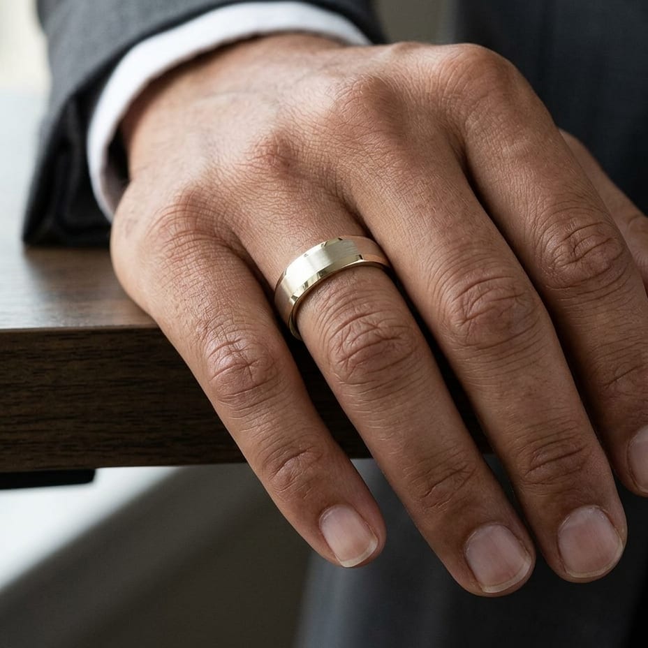 7mm Satin Finish Carved Wedding Band in 14K Yellow Gold, worn on hand, masculine close-up