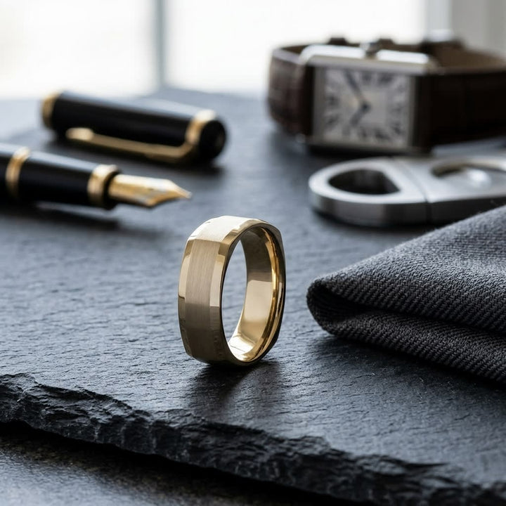 7mm Satin Finish Carved Wedding Band in 14K Yellow Gold, on walnut surface with pocket square
