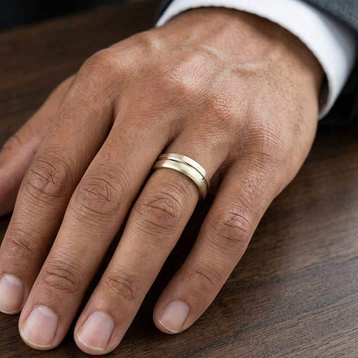 7.5mm Satin Finish High Polished Center Cut Carved Wedding Band in 14K Yellow Gold, worn on hand, masculine close-up