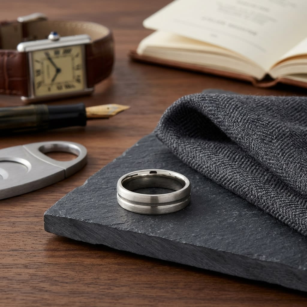 7.5mm Satin Finish High Polished Center Cut Carved Wedding Band in 14K Yellow Gold, on walnut surface with pocket square