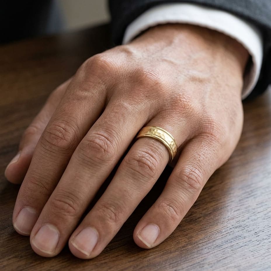 6mm Hammered Center High Polish Round Edge Carved Wedding Band in 14K Yellow Gold, worn on hand, masculine close-up