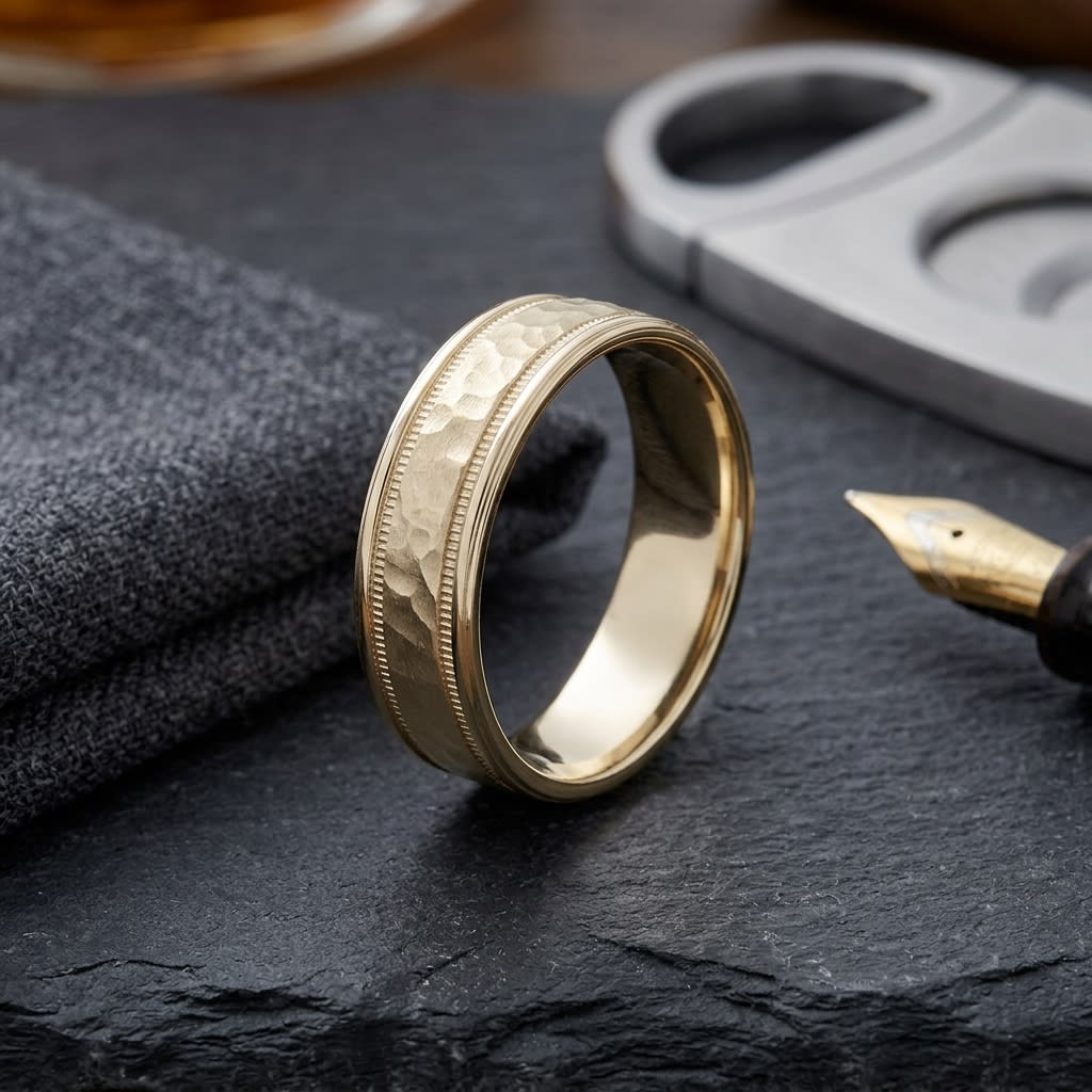 6mm Hammered Center High Polish Round Edge Carved Wedding Band in 14K Yellow Gold, on walnut surface with pocket square