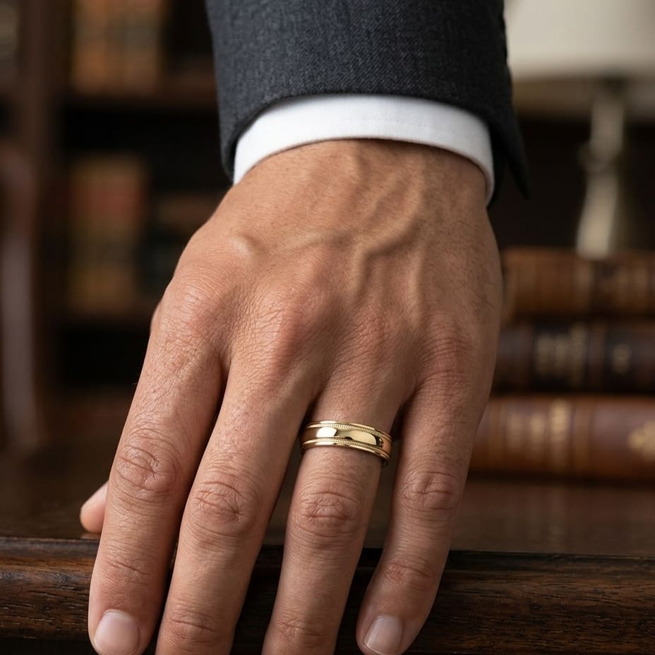 6mm High Polish Milgrain Round Edge Carved Wedding Band in 14K Yellow Gold, worn on hand, masculine close-up
