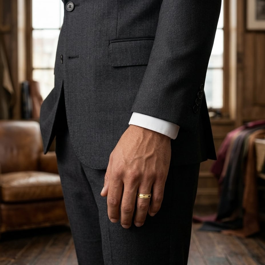 6mm High Polish Milgrain Round Edge Carved Wedding Band in 14K Yellow Gold, worn on hand, masculine full view