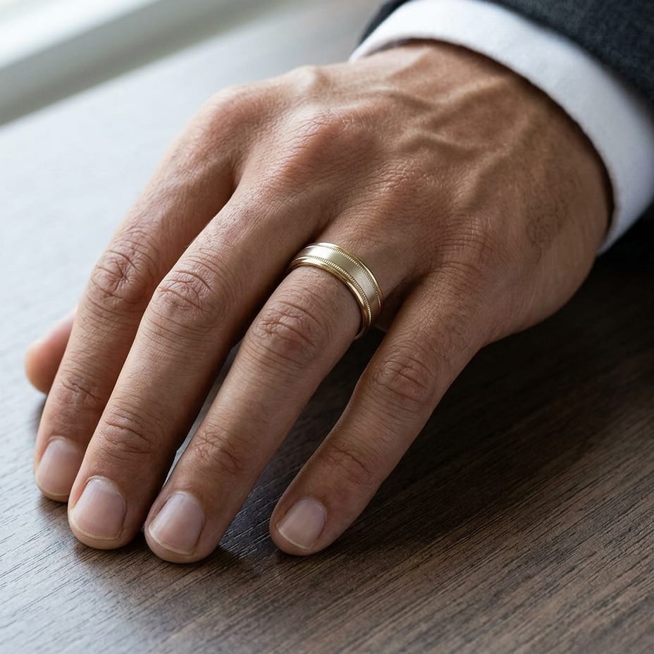 6mm Satin Finish Milgrain Round Edge Carved Wedding Band in 14K Yellow Gold, worn on hand, masculine close-up