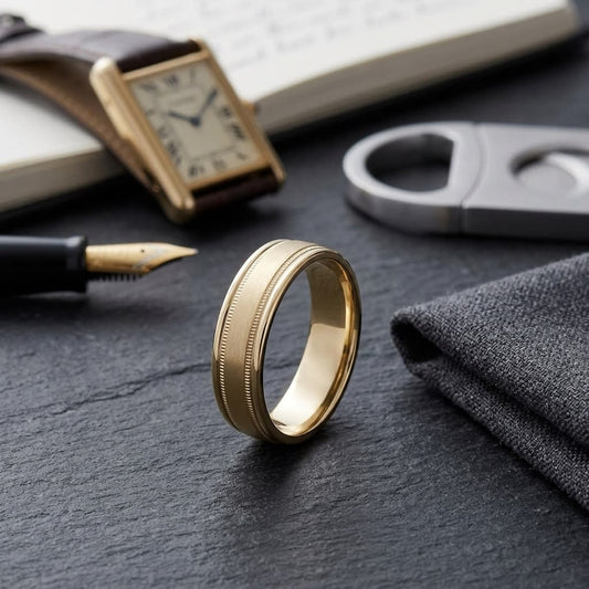 6mm Satin Finish Milgrain Round Edge Carved Wedding Band in 14K Yellow Gold, on walnut surface with pocket square
