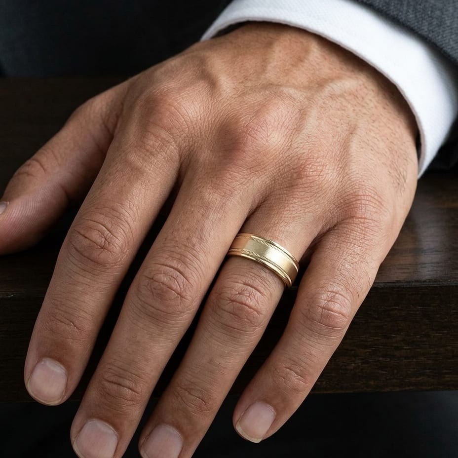 8mm Satin Finish Milgrain Round Edge Carved Wedding Band in 14K Yellow Gold, worn on hand, masculine close-up