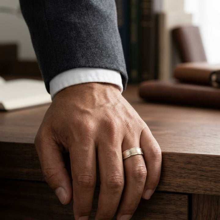 8mm Satin Finish Milgrain Round Edge Carved Wedding Band in 14K Yellow Gold, worn on hand, masculine full view