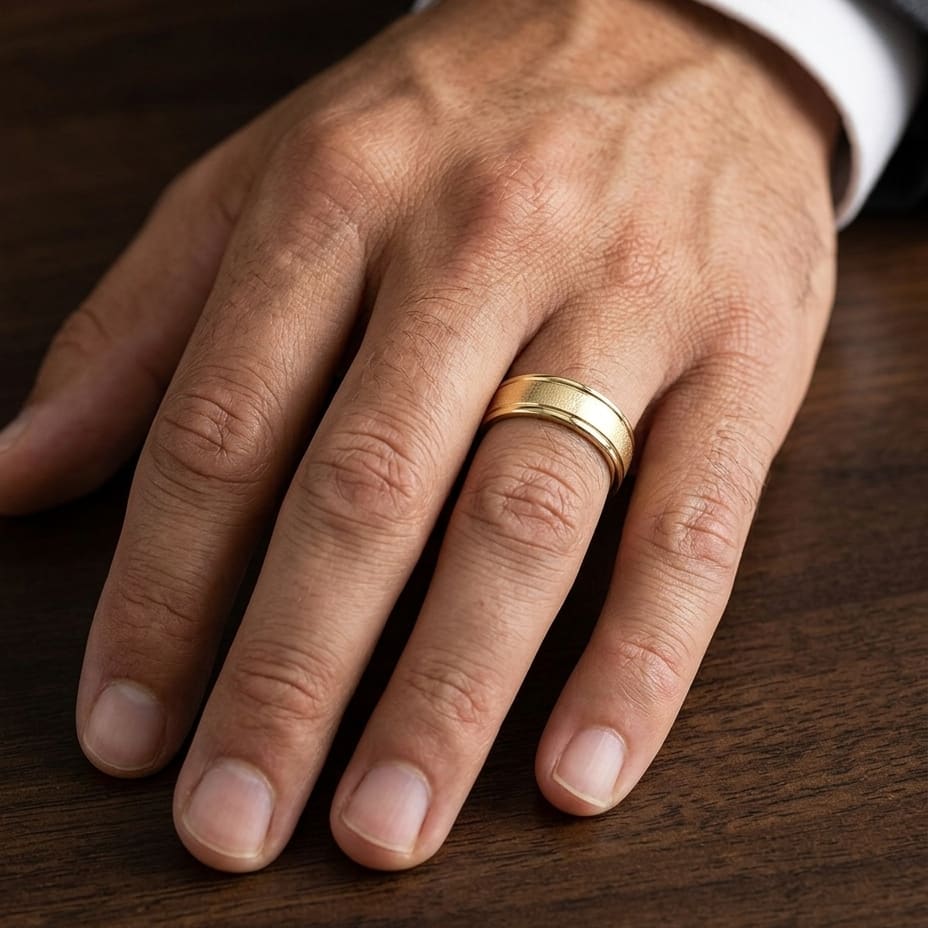 6mm Wired Finish High Polished Round Edge Carved Wedding Band in 14K Yellow Gold, worn on hand, masculine close-up