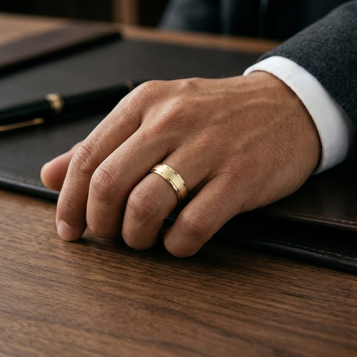 6mm Wired Finish High Polished Round Edge Carved Wedding Band in 14K Yellow Gold, worn on hand, masculine full view