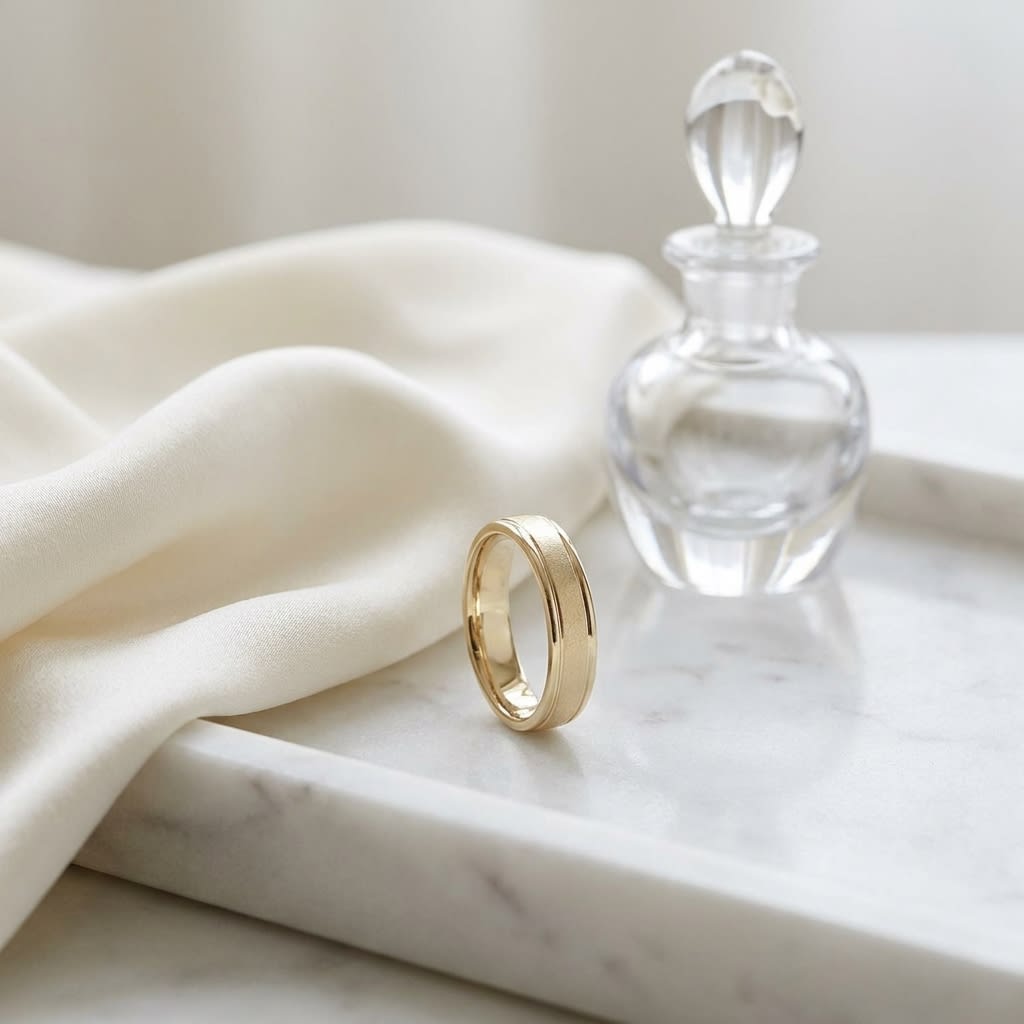 4mm Wired Finish High Polished Round Edge Carved Wedding Band in 14K Yellow Gold, on marble vanity tray with silk