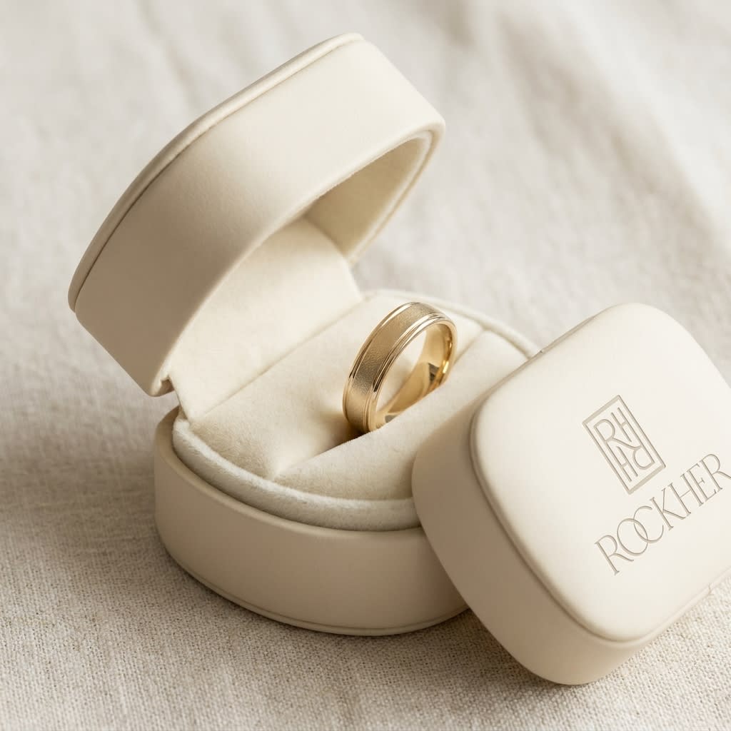 4mm Wired Finish High Polished Round Edge Carved Wedding Band in 14K Yellow Gold, in navy velvet jewelry box