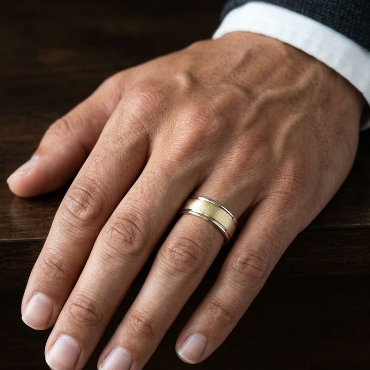 8mm Wire Brush High Polished Round Edge Carved Wedding Band in 14K Yellow Gold, worn on hand, masculine close-up