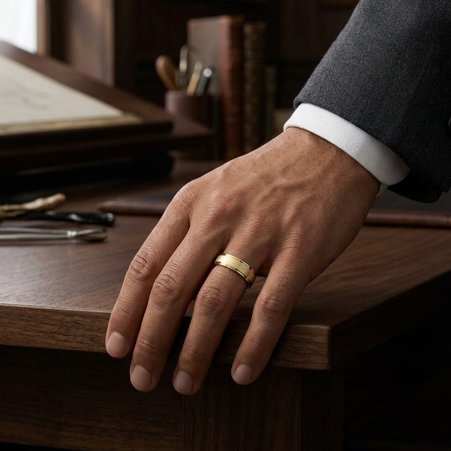 8mm Wire Brush High Polished Round Edge Carved Wedding Band in 14K Yellow Gold, worn on hand, masculine full view
