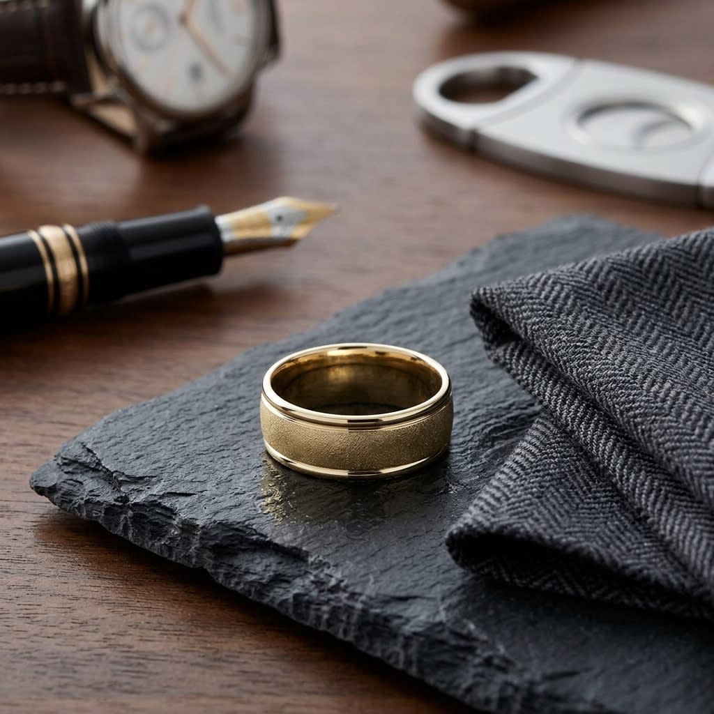 8mm Wire Brush High Polished Round Edge Carved Wedding Band in 14K Yellow Gold, on walnut surface with pocket square