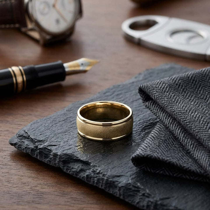 8mm Wire Brush High Polished Round Edge Carved Wedding Band in 14K Yellow Gold, on walnut surface with pocket square