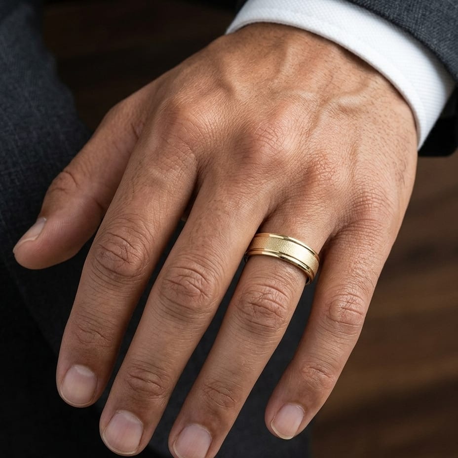 7mm Wired Finish High Polished Round Edge Carved Wedding Band in 14K Yellow Gold, worn on hand, masculine close-up