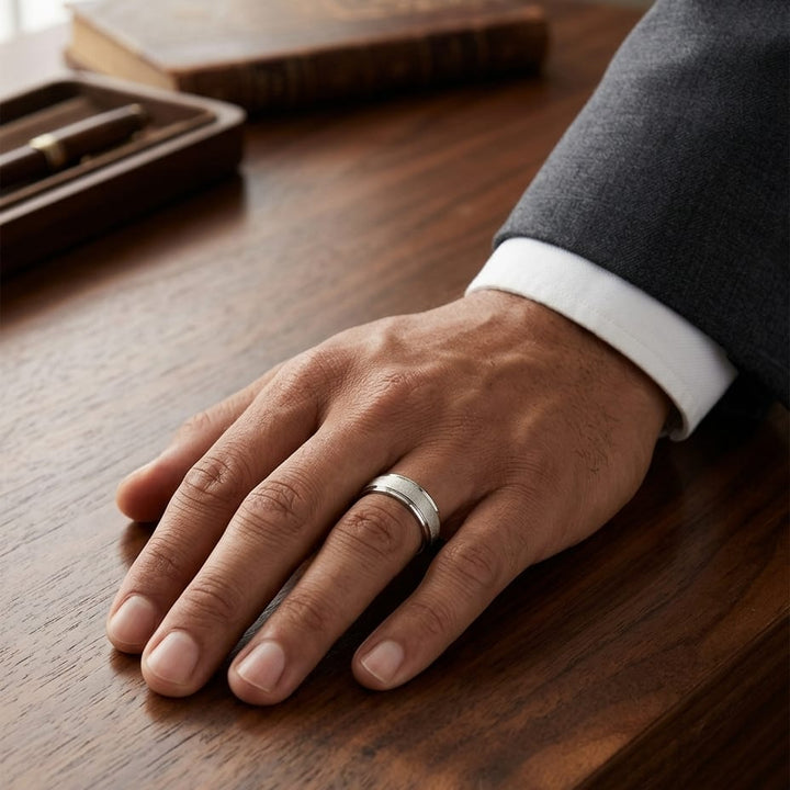 7mm Wired Finish High Polished Round Edge Carved Wedding Band in 14K Yellow Gold, worn on hand, masculine full view