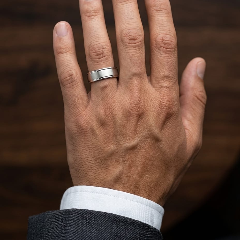 6mm Satin Finish High Polished Round Edge Carved Wedding Band in 14K Yellow Gold, worn on hand, masculine close-up