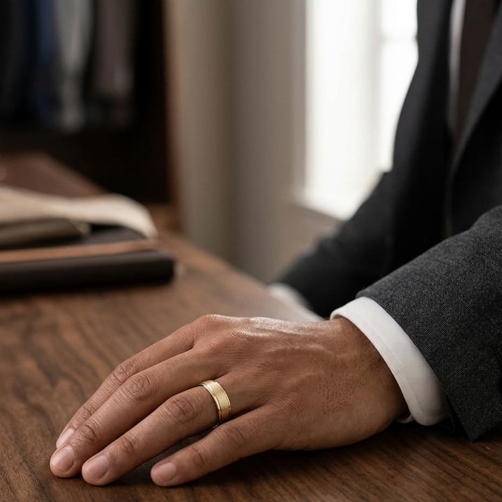 6mm Satin Finish High Polished Round Edge Carved Wedding Band in 14K Yellow Gold, worn on hand, masculine full view