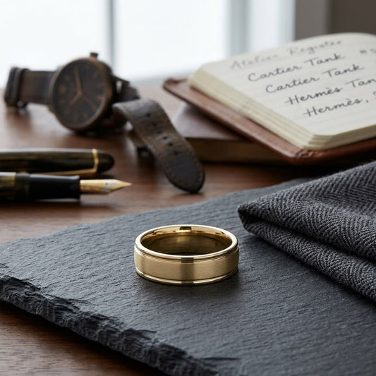 6mm Satin Finish High Polished Round Edge Carved Wedding Band in 14K Yellow Gold, on walnut surface with pocket square