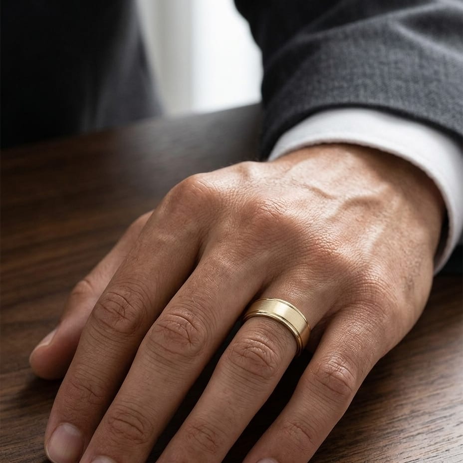 8mm Satin Finish High Polished Round Edge Carved Wedding Band in 14K Yellow Gold, worn on hand, masculine close-up