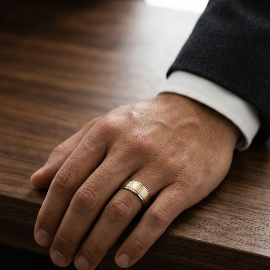 8mm Satin Finish High Polished Round Edge Carved Wedding Band in 14K Yellow Gold, worn on hand, masculine full view