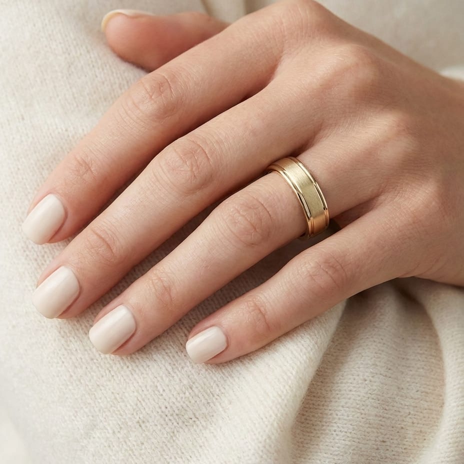4mm Satin Finish High Polished Round Edge Carved Wedding Band in 14K Yellow Gold, worn on hand, close-up