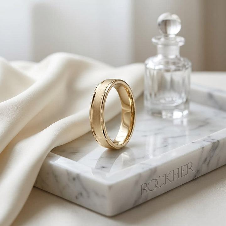 4mm Satin Finish High Polished Round Edge Carved Wedding Band in 14K Yellow Gold, on marble vanity tray with silk