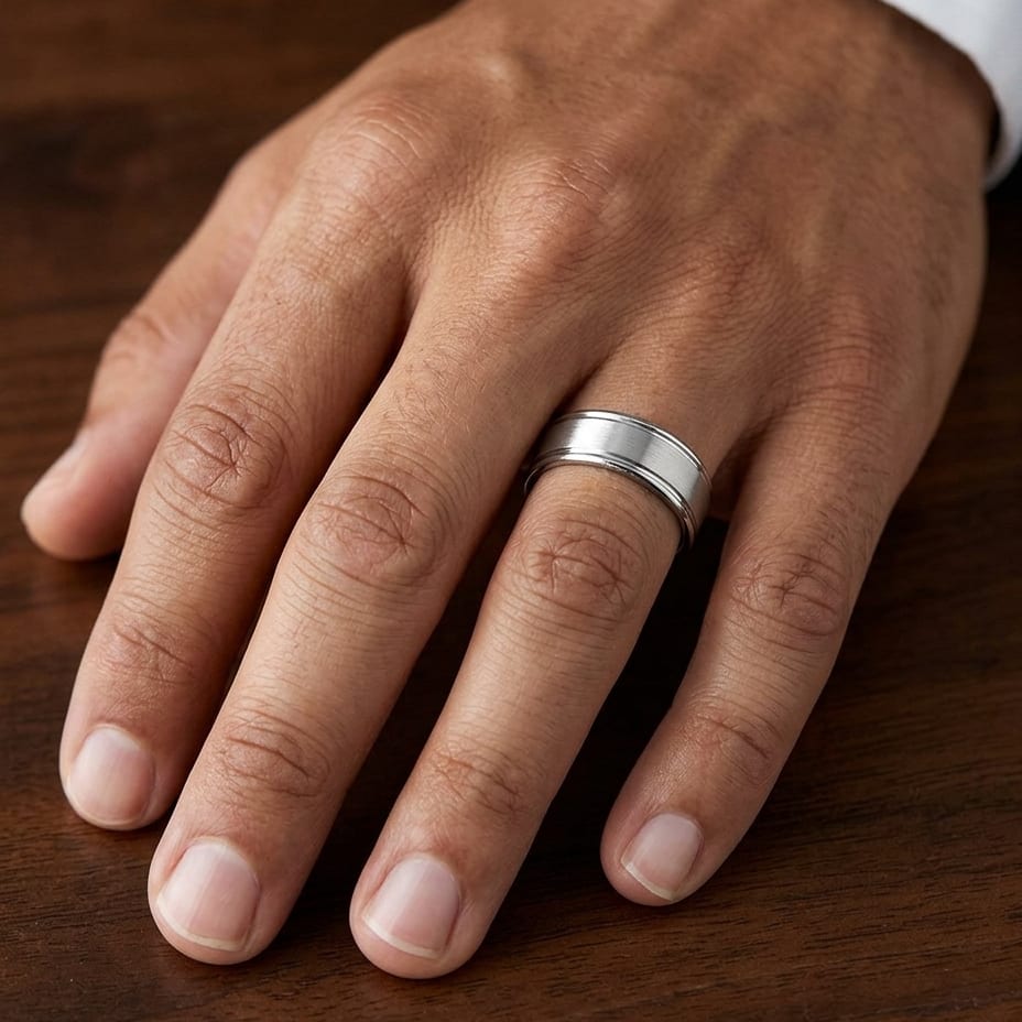 7mm Satin Finish High Polished Round Edge Carved Wedding Band in 14K Yellow Gold, worn on hand, masculine close-up