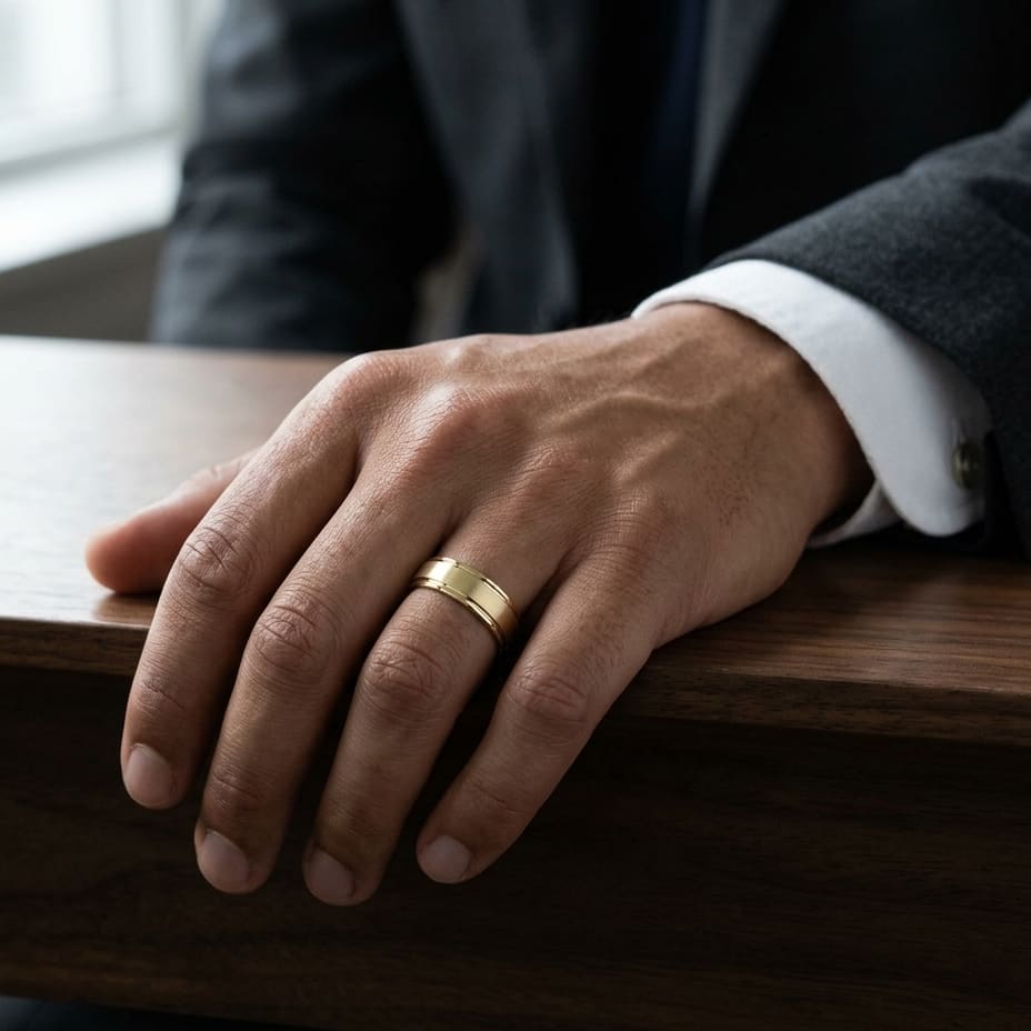 7mm Satin Finish High Polished Round Edge Carved Wedding Band in 14K Yellow Gold, worn on hand, masculine full view