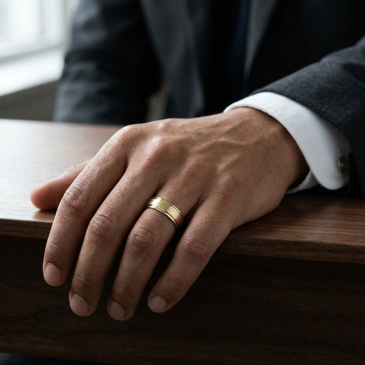 7mm Satin Finish High Polished Round Edge Carved Wedding Band in 14K Yellow Gold, worn on hand, masculine full view
