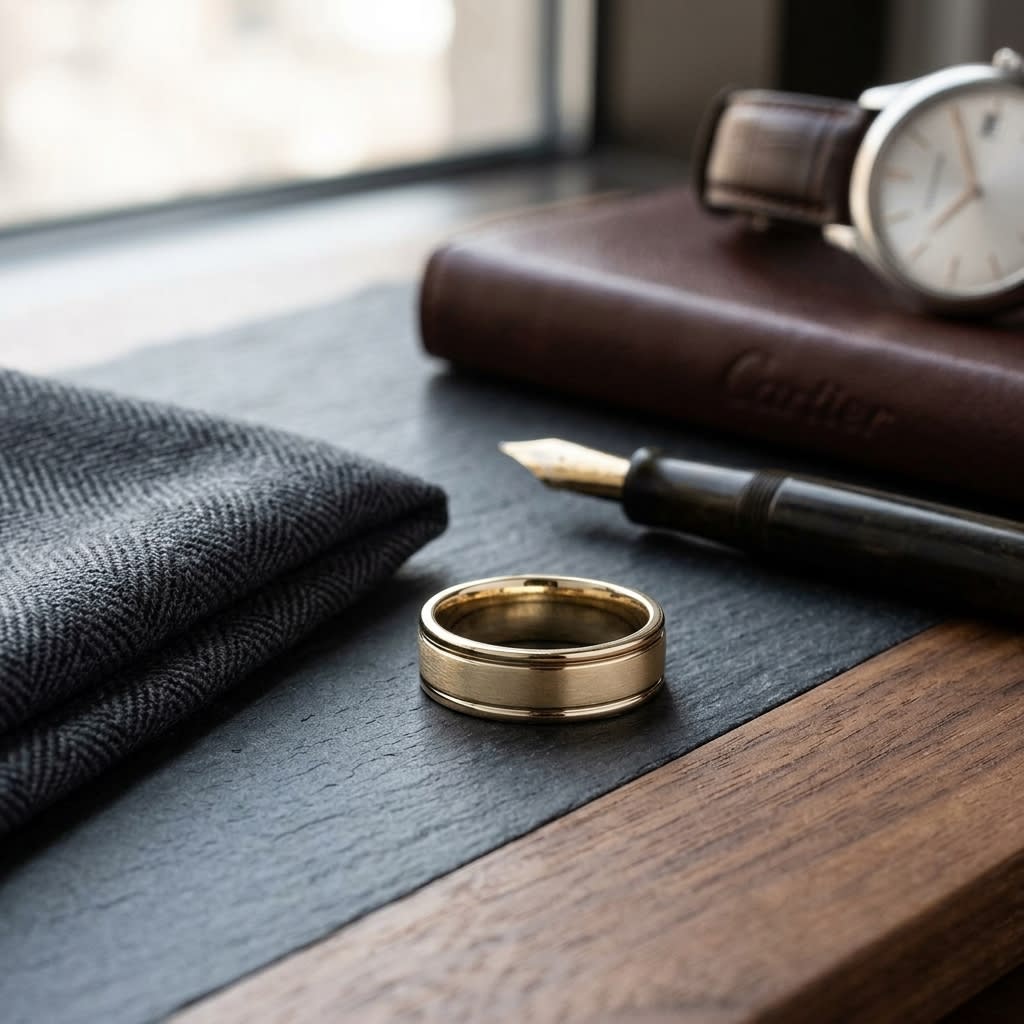 7mm Satin Finish High Polished Round Edge Carved Wedding Band in 14K Yellow Gold, on walnut surface with pocket square