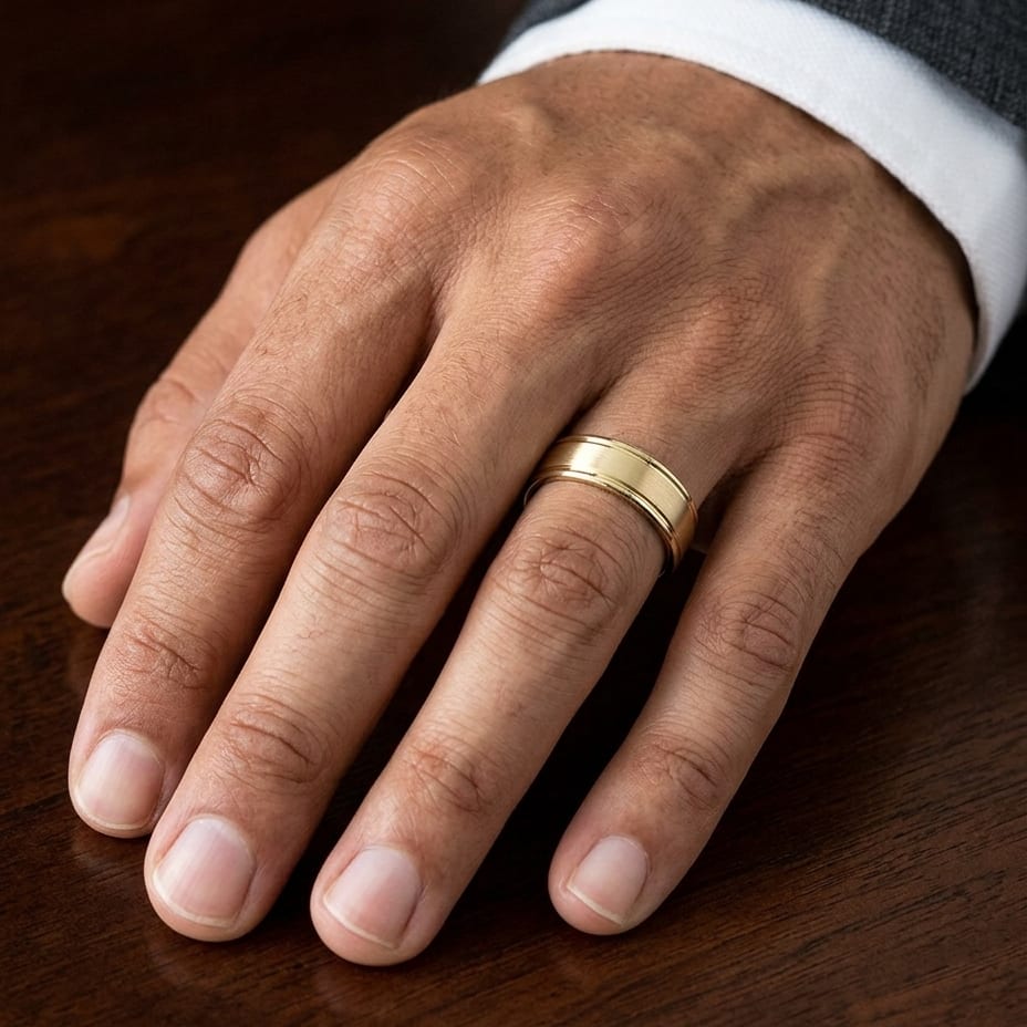 5mm Satin Finish High Polished Round Edge Carved Wedding Band in 14K Yellow Gold, worn on hand, masculine close-up