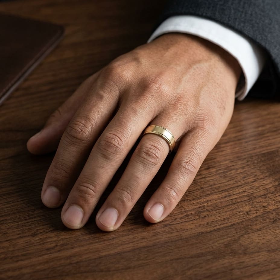 5mm Satin Finish High Polished Round Edge Carved Wedding Band in 14K Yellow Gold, worn on hand, masculine full view