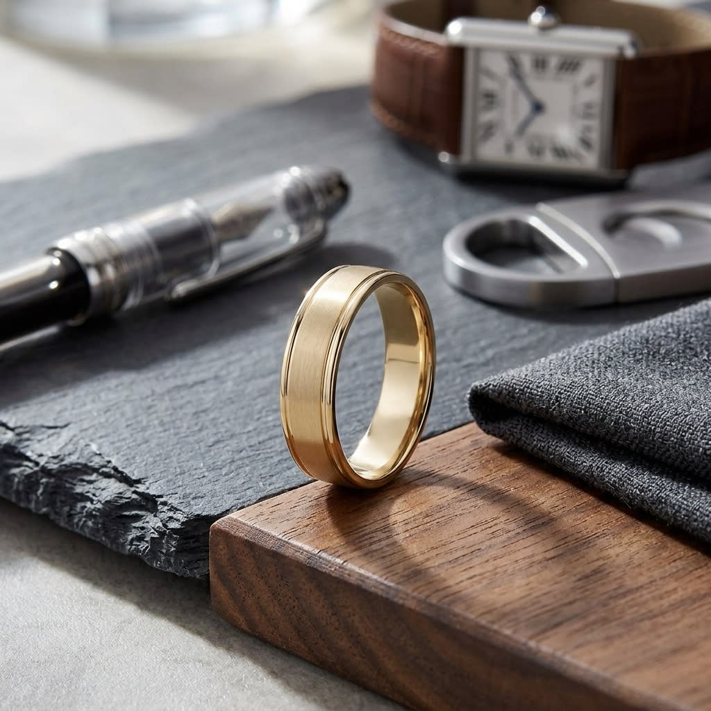5mm Satin Finish High Polished Round Edge Carved Wedding Band in 14K Yellow Gold, on walnut surface with pocket square