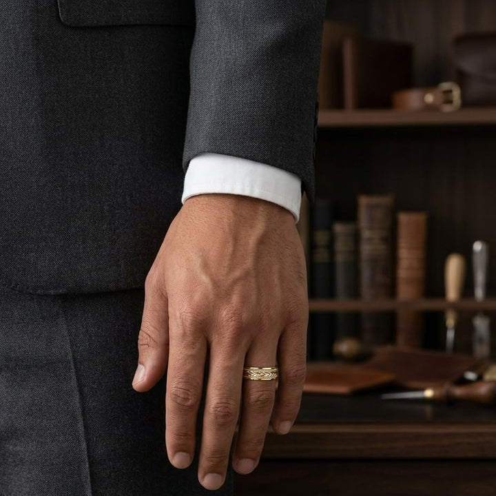 6mm Comfort-Fit Wedding Band in 14K Yellow Gold, worn on hand, masculine full view