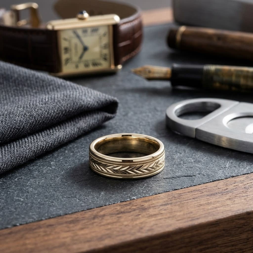 6mm Comfort-Fit Wedding Band in 14K Yellow Gold, on walnut surface with pocket square