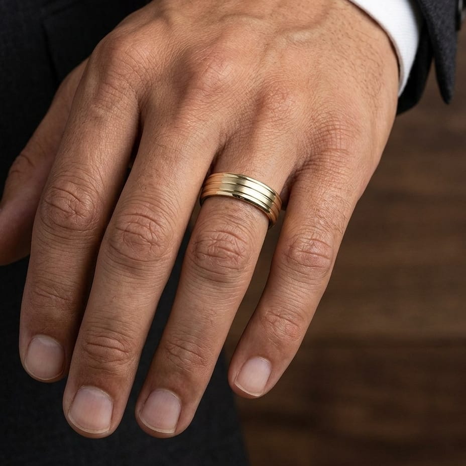 6mm Satin Finish High Polished Center Trim Carved Wedding Band in 14K Yellow Gold, worn on hand, masculine close-up