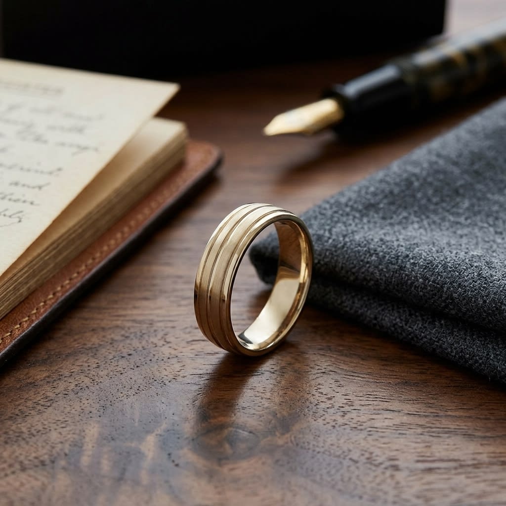 6mm Satin Finish High Polished Center Trim Carved Wedding Band in 14K Yellow Gold, on walnut surface with pocket square
